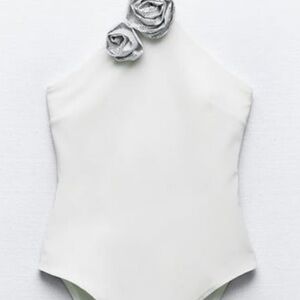 Zara White Halter One-Piece Swimsuit with Rosette Detail
